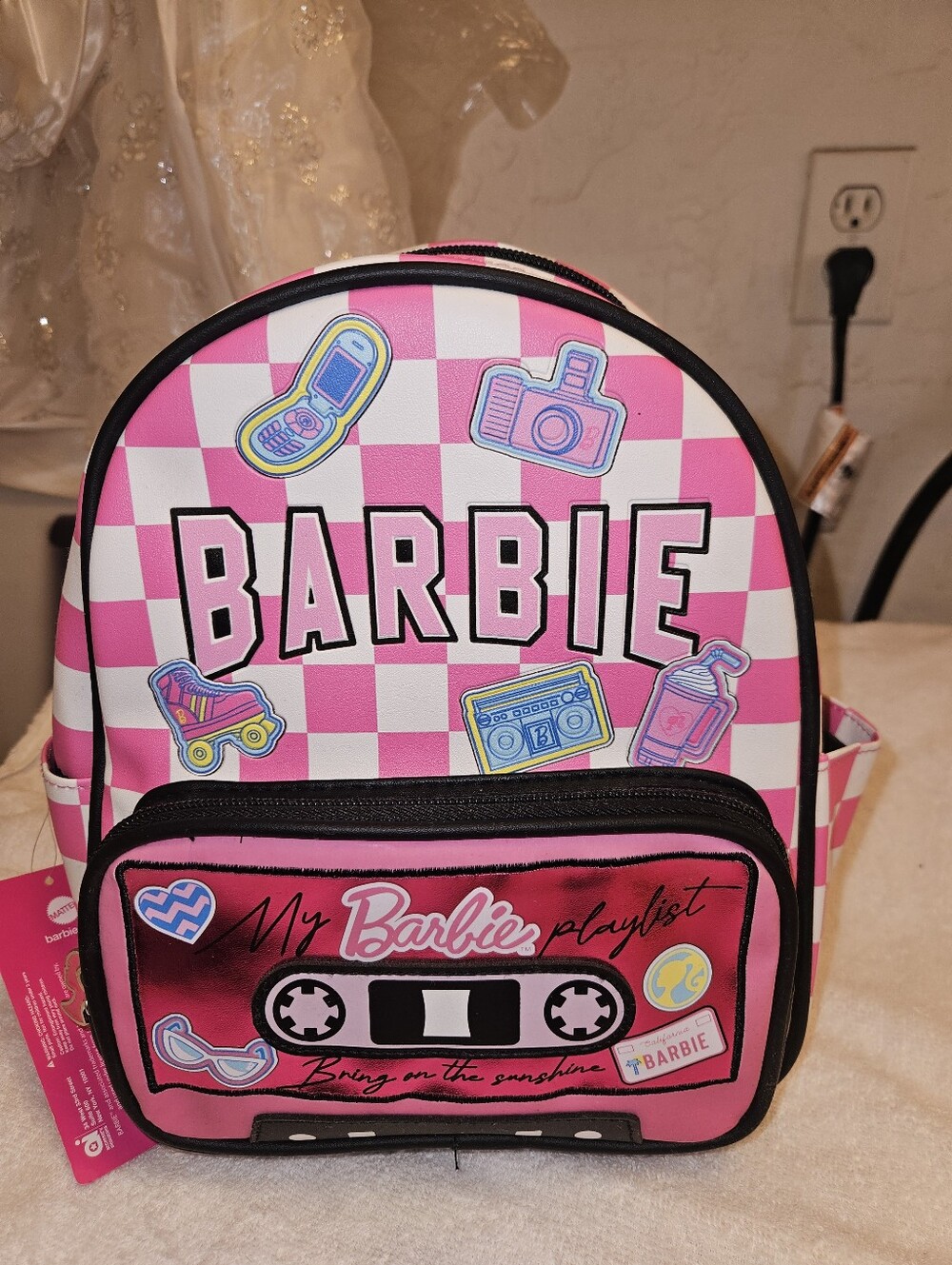 Barbie Pink and White Check Kids Backpack with Cassette Pocket
